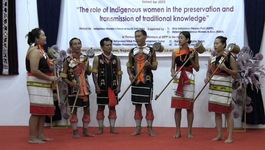 Chakhesang Zuve Cultural Club presenting Tati Folk Song during the International Day of the World’s Indigenous Peoples programme in Dimapur on August 9. (Morung Photo)